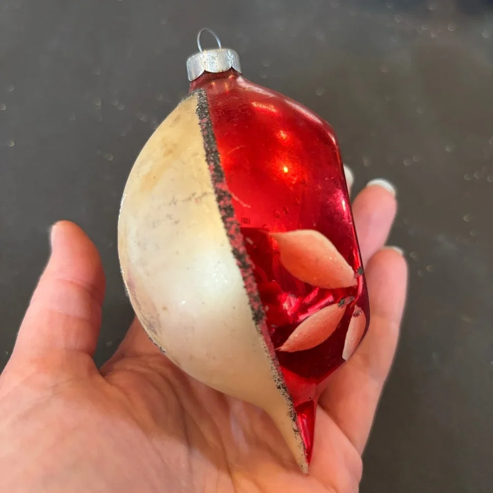 Vintage Hand Painted Indent Teardrop Red Gold Pink Floral Motif Glass Ornament